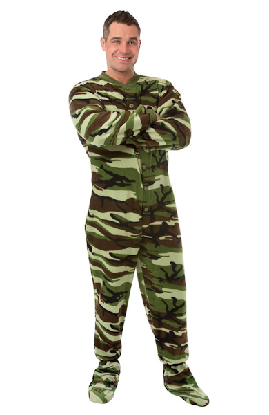 Camo Micro Polar Fleece Adult Footed Onesie Pajamas in Green and